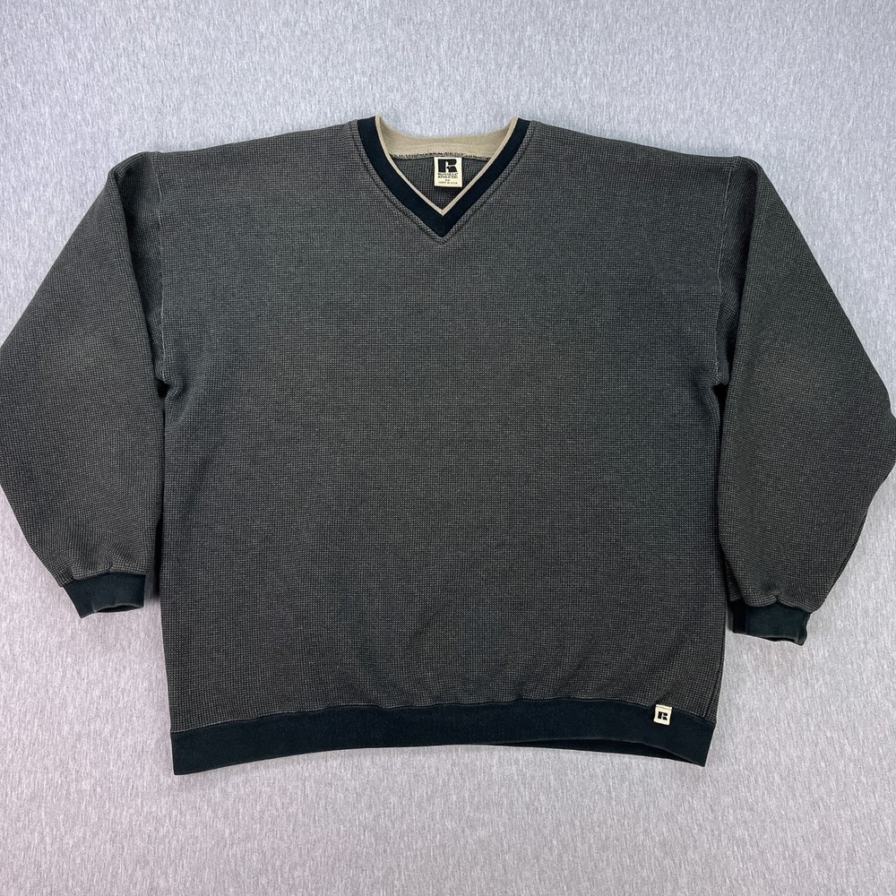 Vintage Russell V-Neck Waffle Knit Sweatshirt Mens 2XL Greige Made in USA 90s